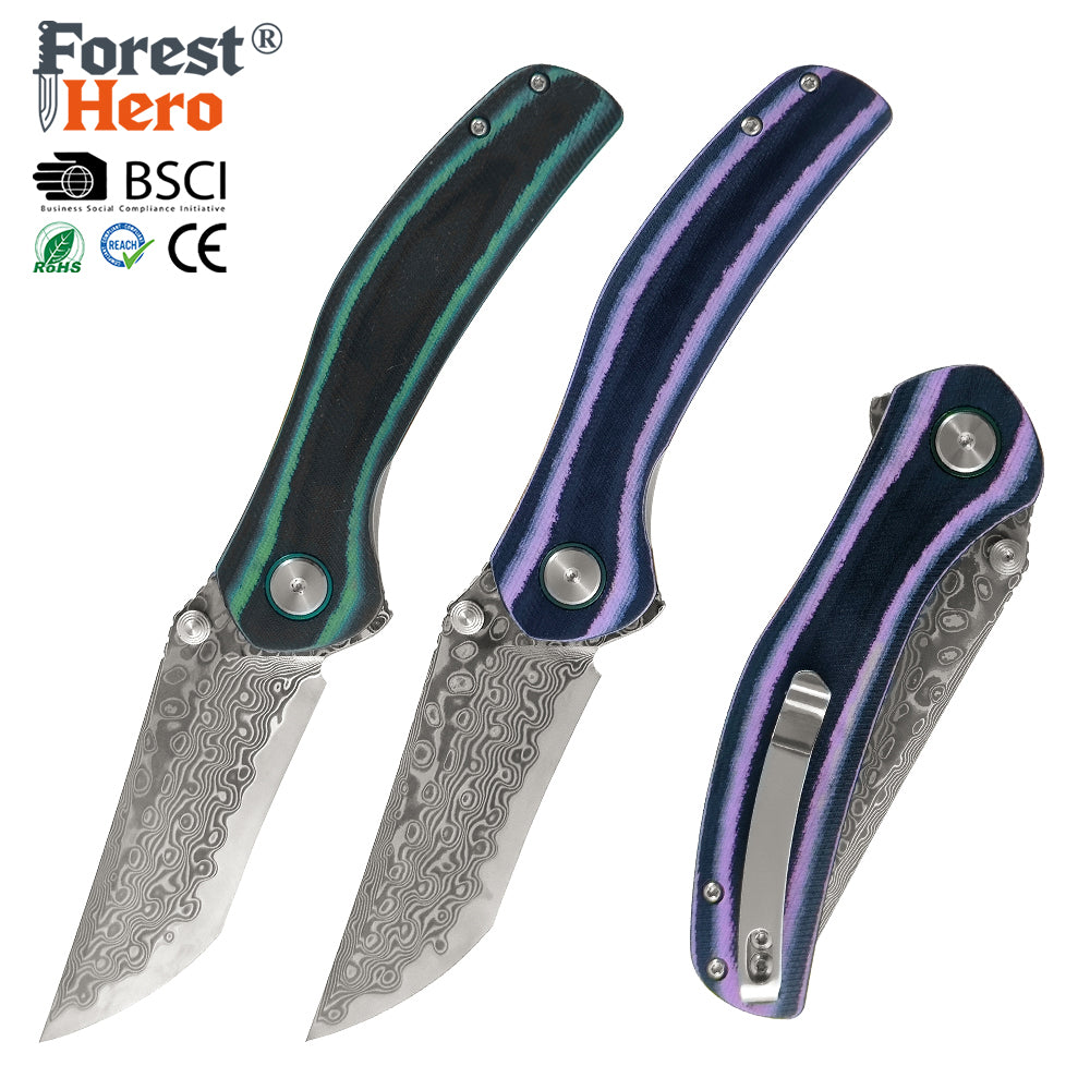 ForestHero Damascus blade G10 handle camping pocket knife