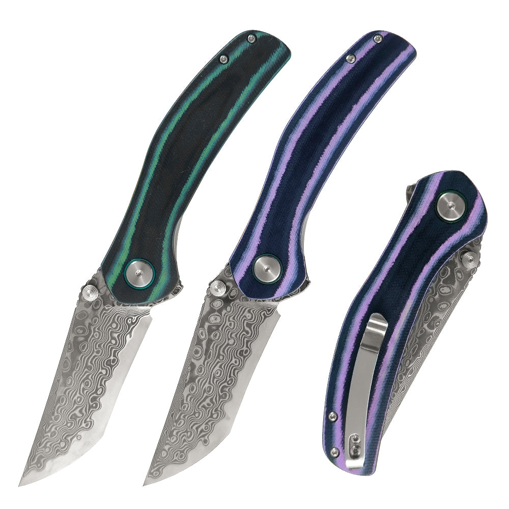 ForestHero Damascus blade G10 handle camping pocket knife