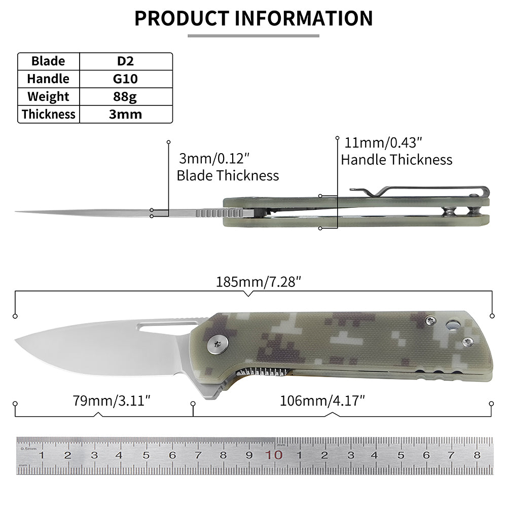 ForestHero D2 blade G10 handle camping pocket knife