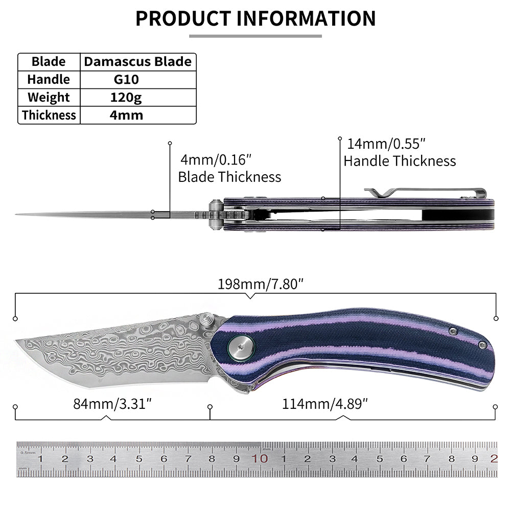 ForestHero Damascus blade G10 handle camping pocket knife