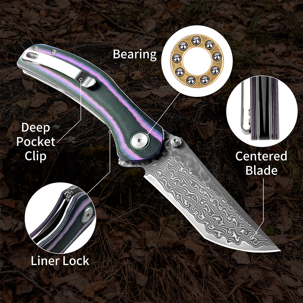 ForestHero Damascus blade G10 handle camping pocket knife