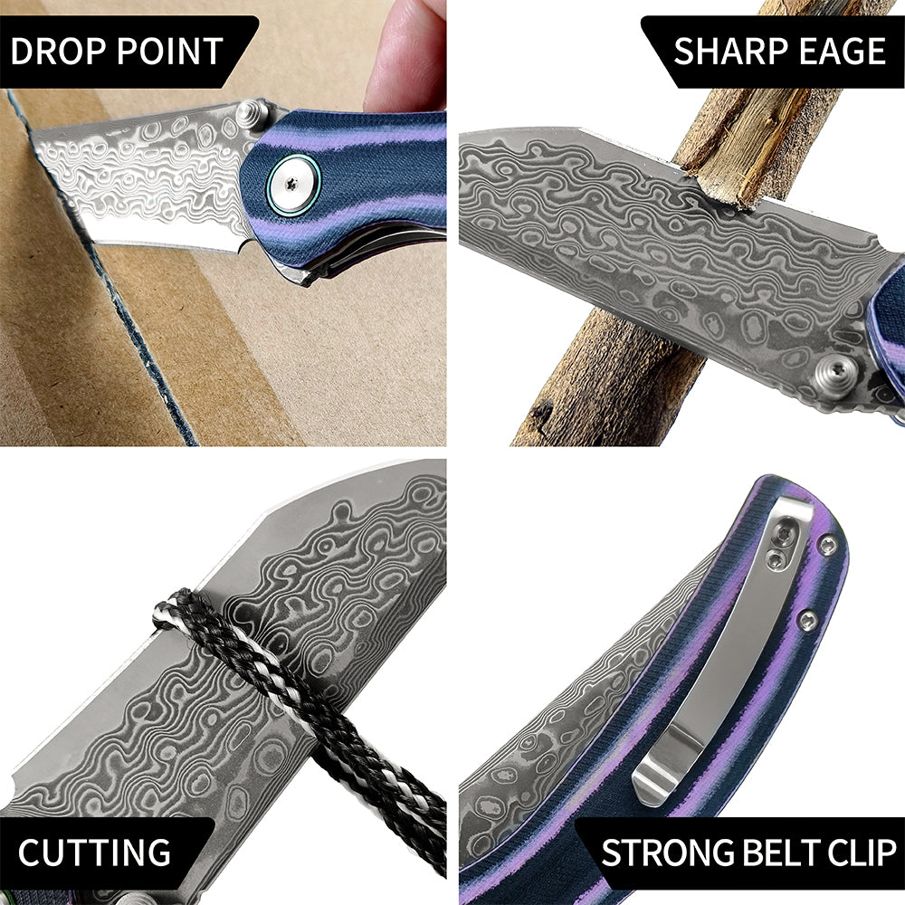 ForestHero Damascus blade G10 handle camping pocket knife